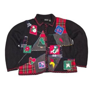 Rebecca Malone Wmn's Black Ugly Christmas‎ Sweater Cardigan Patchwork size L